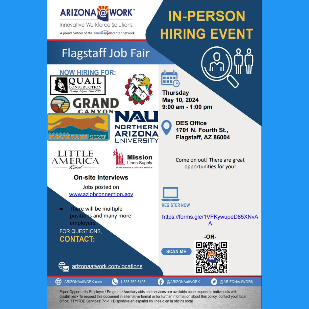 Flagstaff Job Fair Blue Cross Blue Shield on Thursday May 10th, 2024 9Am - 1Pm.

#flagstaff #job #jobfair #arizona #coconinocounty