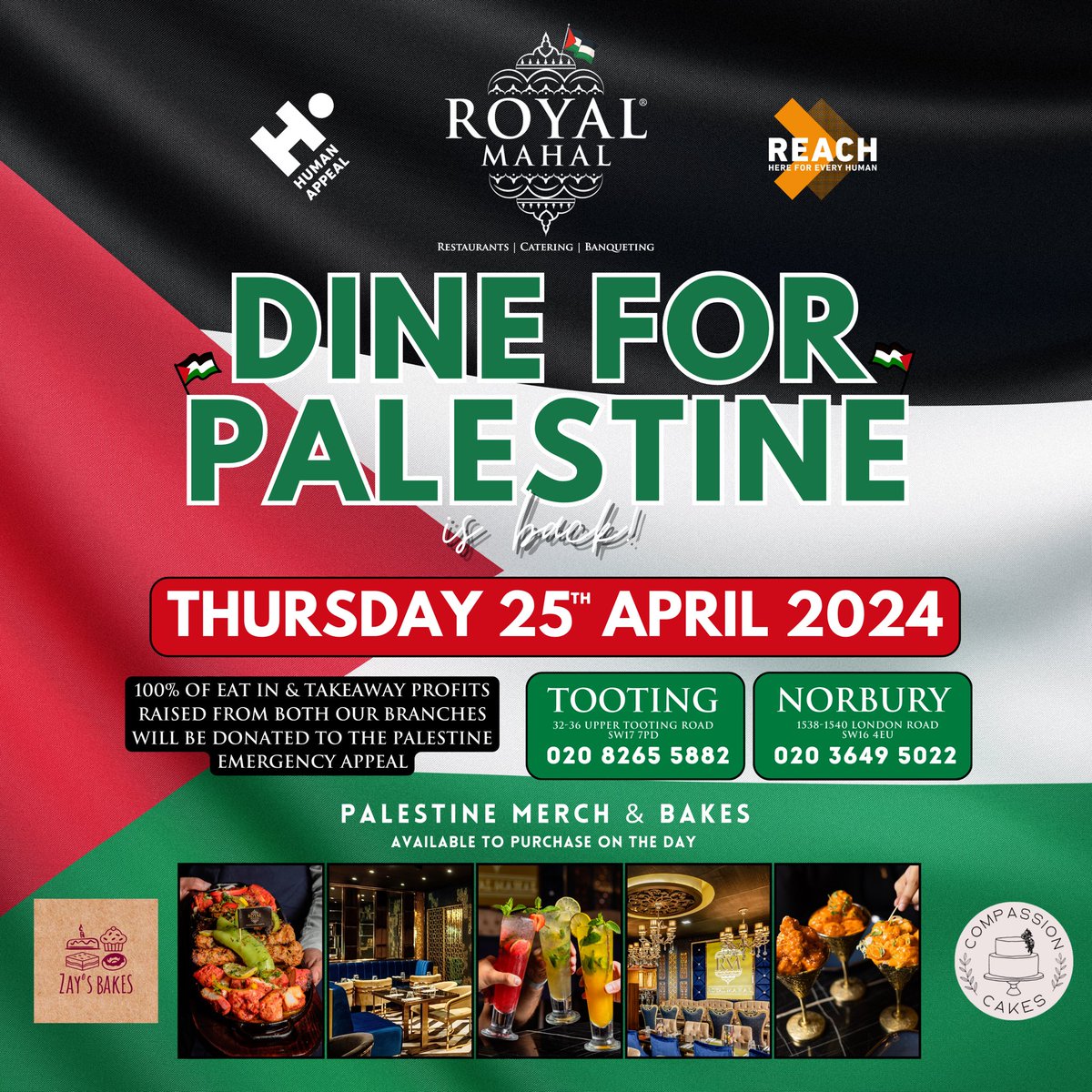 royalmahal_'s tweet photo. It's time to mark your calendars 📆 This coming Thursday (25th April 2024) we will once again be standing in solidarity with Palestine 🇵🇸 

100% of our profits will be donated to support @HumanAppeal Gaza Emergency Appeal ❤️🍉

#dineforpalestine https://t.co/ITtsCfRQAJ