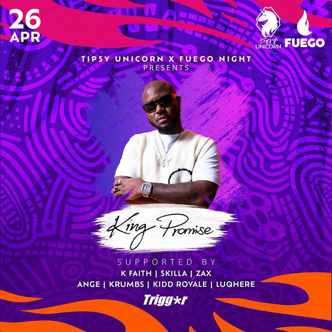 Tipsy Unicorn & Fuego Night Presents King Promise Live In Singapore

🗓️: 26-04-24
📍: TIPSY UNICORN BEACH CLUB 
⏰: 6:00 PM - 2:00 AM (SGT) 
🎫: tipsyxfuegokingpromise.peatix.com