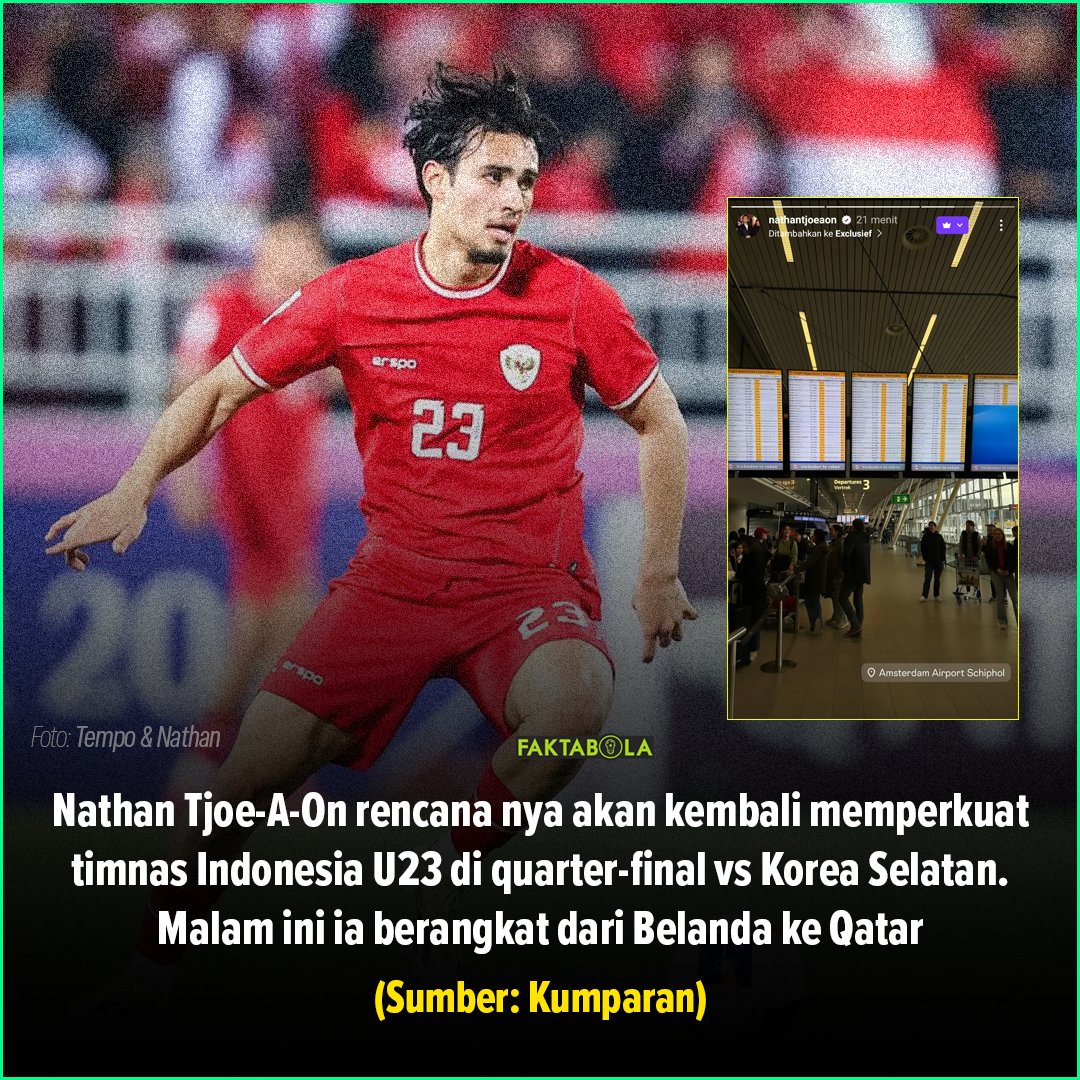 🚨 WOW! Breaking news: Nathan Tjoe-A-On akan kembali memperkuat timnas Indonesia U23! 🇮🇩

(Sumber: Kumparan)

‘’Saya telah diizinkan Heerenveen untuk kembali gabung Timnas U-23, saya berangkat malam ini ke Qatar,’’ kata Nathan, eksklusif kepada kumparan!