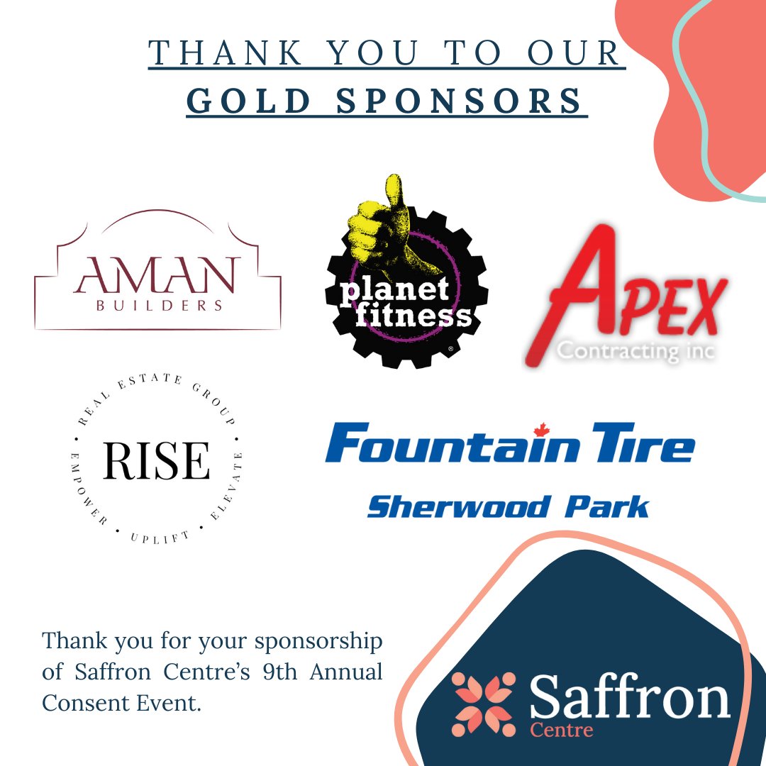 SaffronCentre's tweet photo. Thank you to all of our gold sponsors for this year's #ConsentEvent! Saffron is grateful for your support and partnership. Join us this Saturday to run or walk with your families and friends in support of the prevention of sexual violence. #shpk #communityevent #ibelieveyou https://t.co/CmsetTHXoB