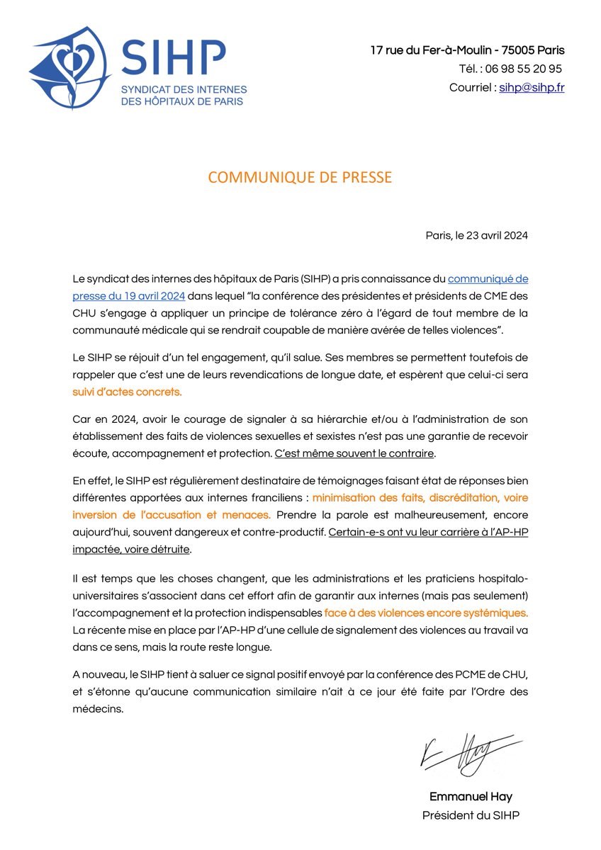 [COMMUNIQUE DE PRESSE] En réponse à celui publié le 19/4 par @confcmechu A retrouver sur notre site : shorturl.at/dtA02 #MeTooHôpital #ProtegeTonInterne @APHP @ARS_IDF @ISNItwit @donnerdeselles @pourunemeuf @femmes2sante @ordre_medecins