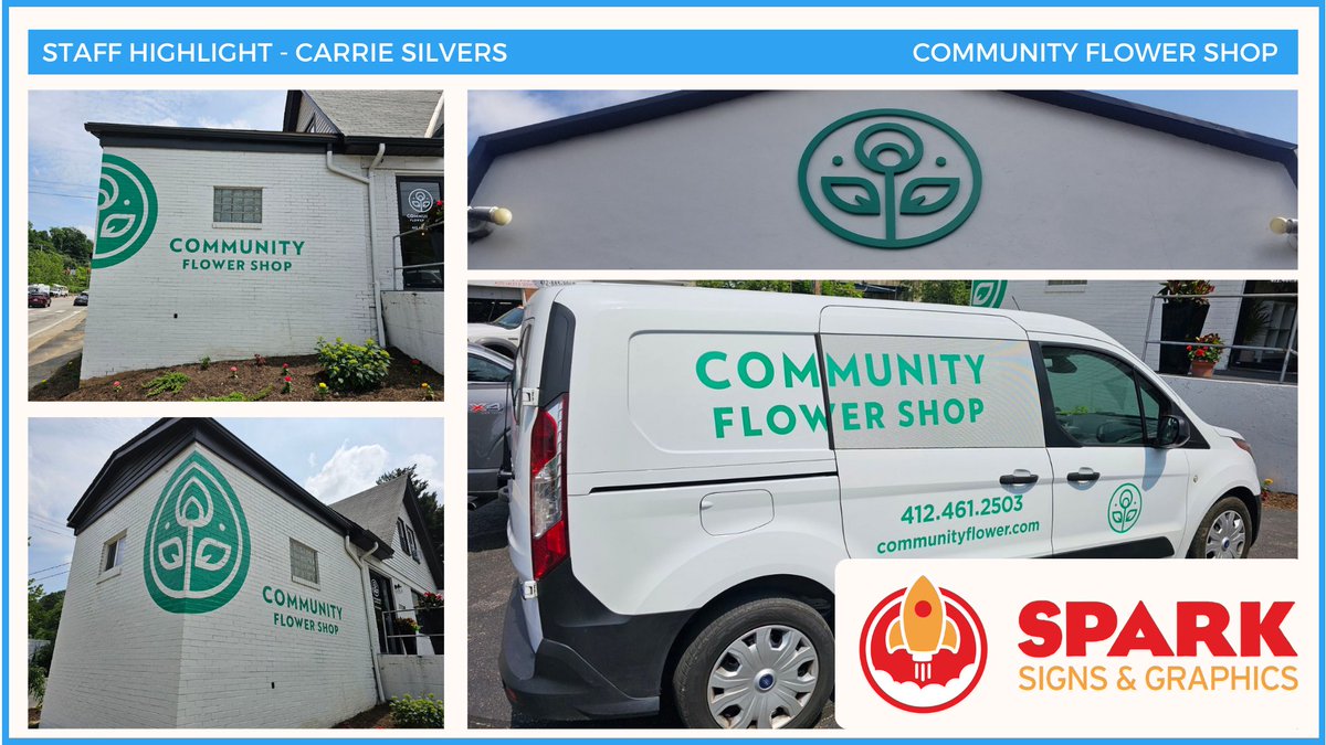 Today's staff highlight is from Carrier Silvers. One of her favorite projects was with Community Flower Shop, specifically the 3M Envision vinyl material we used on the corner of their brick building.

#spark #signs #signage #vehiclewraps #exteriorsigns #vinylgraphics