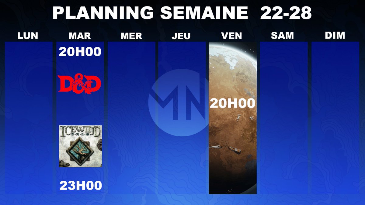 Planning de la semaine !!!

Ce soir D&amp;D à 20H00 pour continuer Icewindale !!!

Vendredi le retour de Rimworld !!!