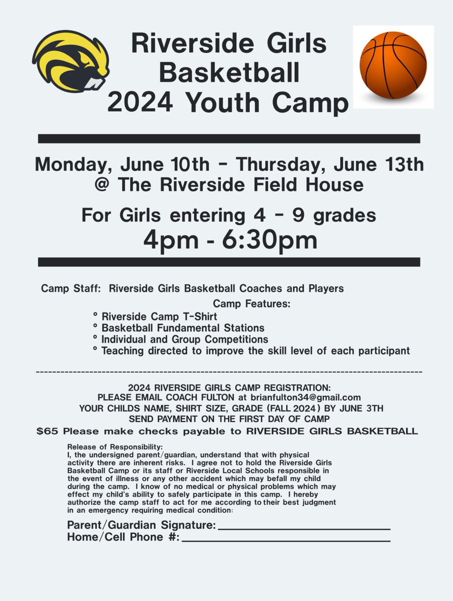 Join us at the 2024 Riverside Girls Basketball camp for grades 4th-8th Grade. June 10th-13th. Lots of learning, skill improvement and fun will be had! @RHSCourtsideCLB @Riverside_athl @RHS_beavers @RLSD_Beavers @C_Rateno