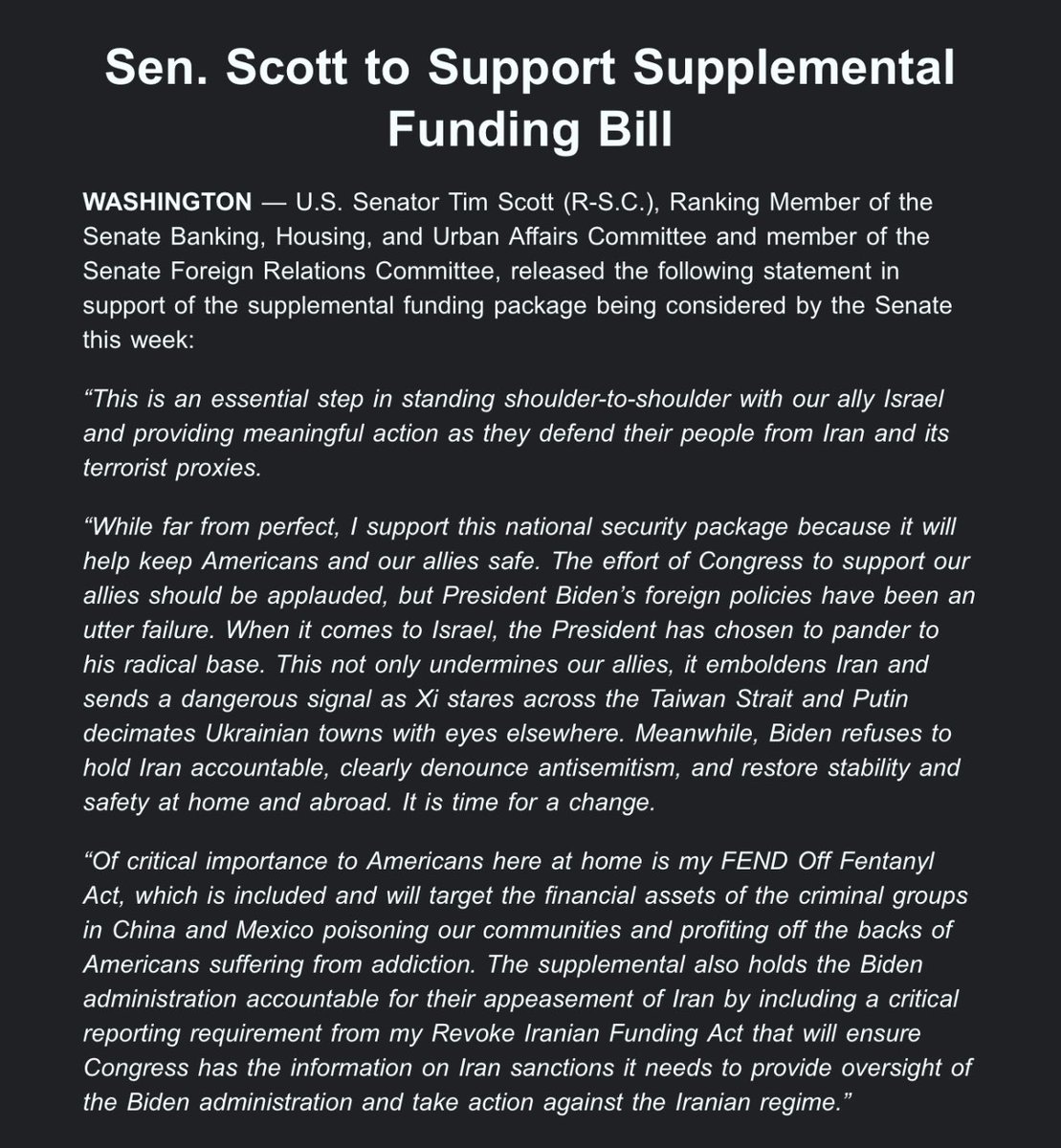 NEWS — TIM SCOTT will support the foreign aid package. He was a no in February. Looking pretty likely that R’s will be able to get more than half the conference on board. Just 22 voted yes in February.