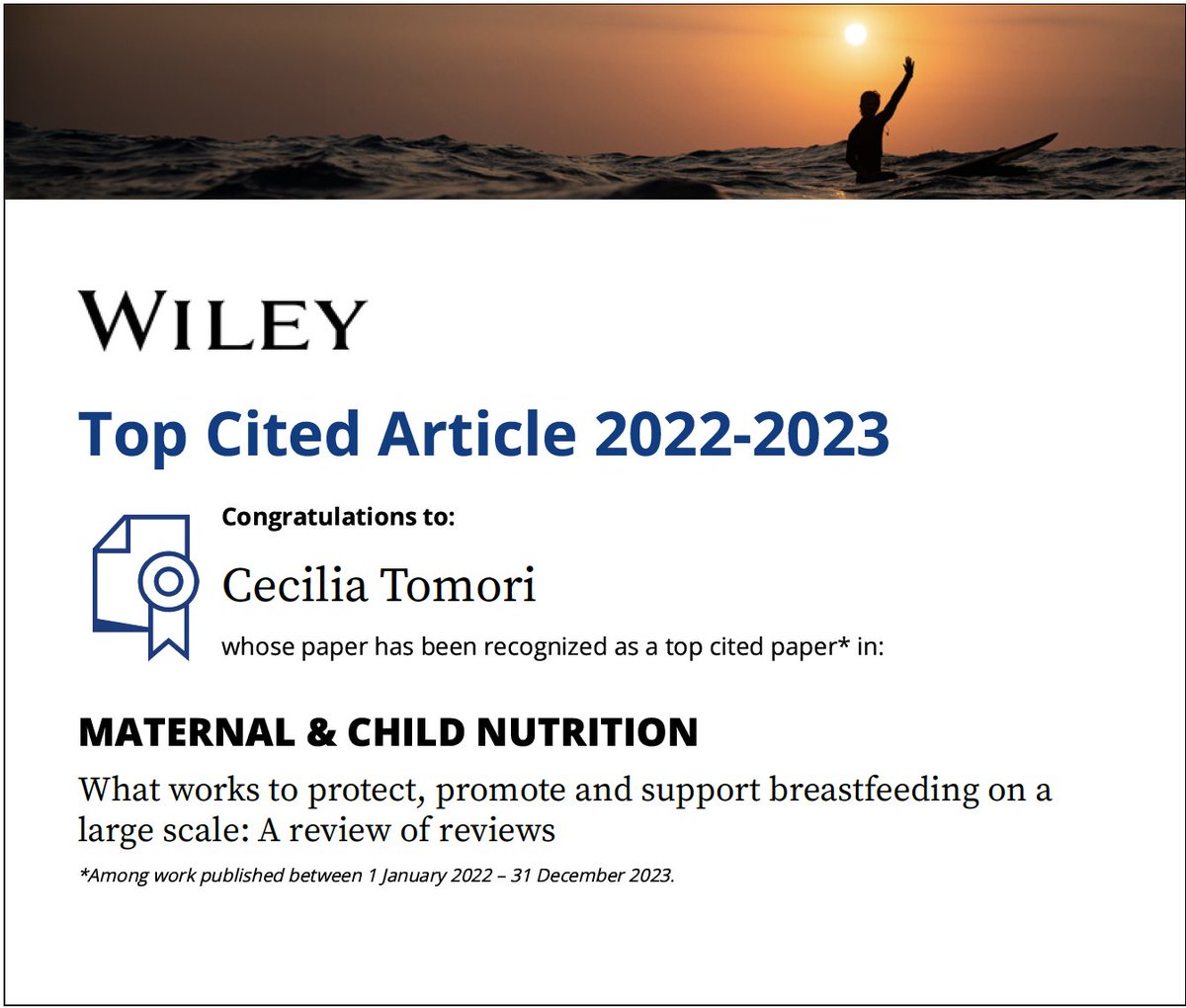 Good news! Our article received enough citations to be a #TopCitedArticle in Maternal & Child Nutrition @JHUNursing @rperezescamilla @sonialhc onlinelibrary.wiley.com/doi/10.1111/mc…