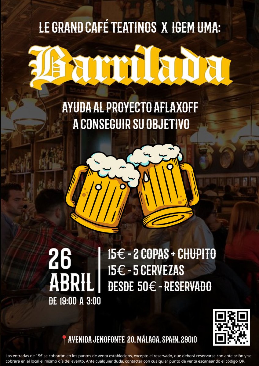 Este viernes 26 de abril el equipo iGEM UMA celebra su primera y mayor 𝕓𝕒𝕣𝕣𝕚𝕝𝕒𝕕𝕒 🍻hasta la fecha, es por ello que vamos a hacer un TRIVIAL y un 𝐒𝐎𝐑𝐓𝐄𝐎 𝐄𝐗𝐂𝐋𝐔𝐒𝐈𝐕𝐎 para los que reserven antes del jueves 25 a las 18:00 🤩 

Entradas 📥 linktr.ee/IGEM_UMA