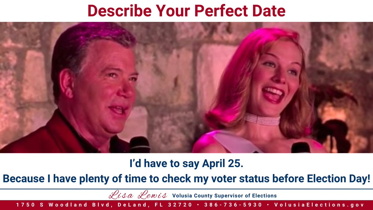 April 25 is the Perfect Date to check your Voter Status.

Head over to VolusiaElections.gov to check your status, register to vote, update your address, or request a vote by mail ballot.

#BeInformed #BeInvolved #BeElectionReady #VolusiaElections