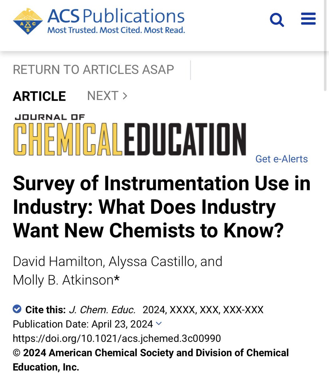 New JCE ASAP article! We surveyed industry chemists from 80 companies about the undergraduate instrumentation experience / skill development that best prepared them for chemical industry. Happy first pub day to @DavidTHamilton and Alyssa Castillo! pubs.acs.org/doi/10.1021/ac…