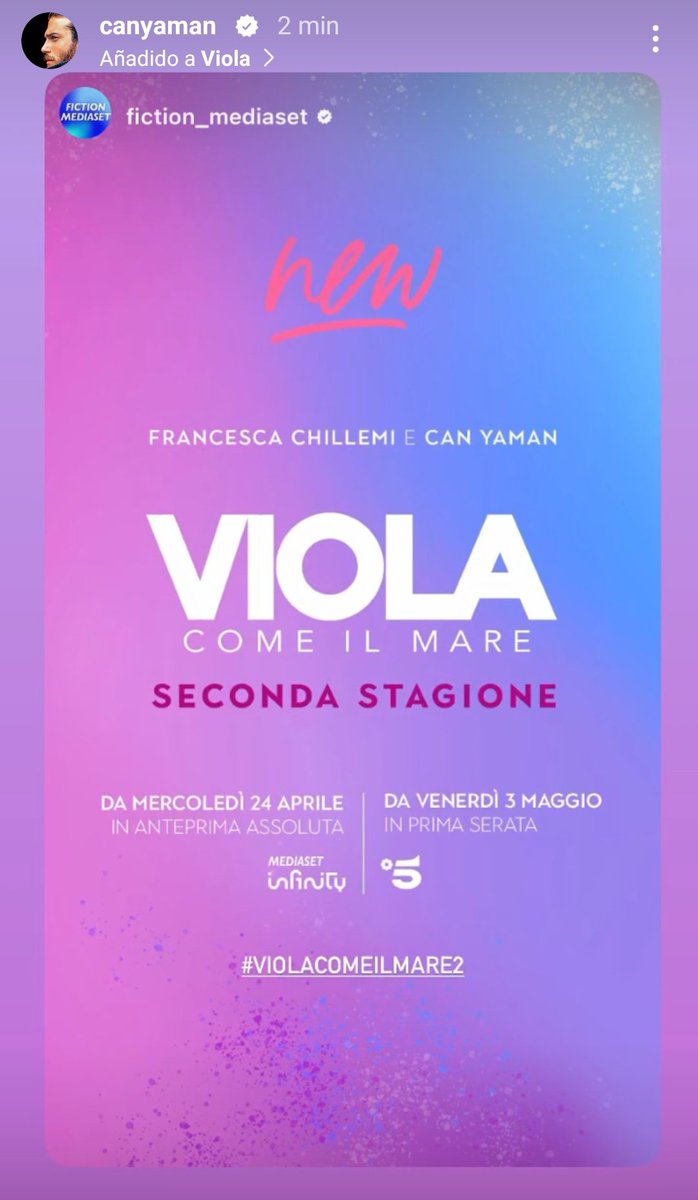 Can nos recuerda que mañana en la web de Mediaset Infinity Italia y el 3 de mayo en Canale 5 💜🌊 #CanYaman #ViolaComeIlMare2