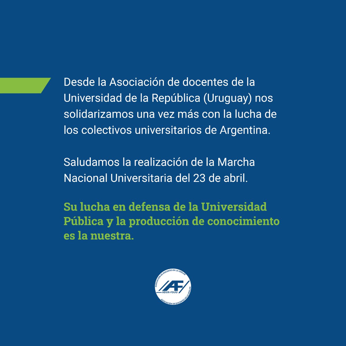 ADUR (@adur_udelar) on Twitter photo Desde Adur nos solidarizamos con los compañeros y más compañeras de Argentina
<a href="/adurmedicina/">ADUR Medicina</a> <a href="/AdurFhce/">ADUR FHCE</a> <a href="/FicAdur/">ADUR FIC</a> <a href="/adurpsi/">ADUR Psicología</a> <a href="/adurfcs/">ADUR FCS</a> Desde Adur nos solidarizamos con los compañeros y más compañeras de Argentina
<a href="/adurmedicina/">ADUR Medicina</a> <a href="/AdurFhce/">ADUR FHCE</a> <a href="/FicAdur/">ADUR FIC</a> <a href="/adurpsi/">ADUR Psicología</a> <a href="/adurfcs/">ADUR FCS</a>