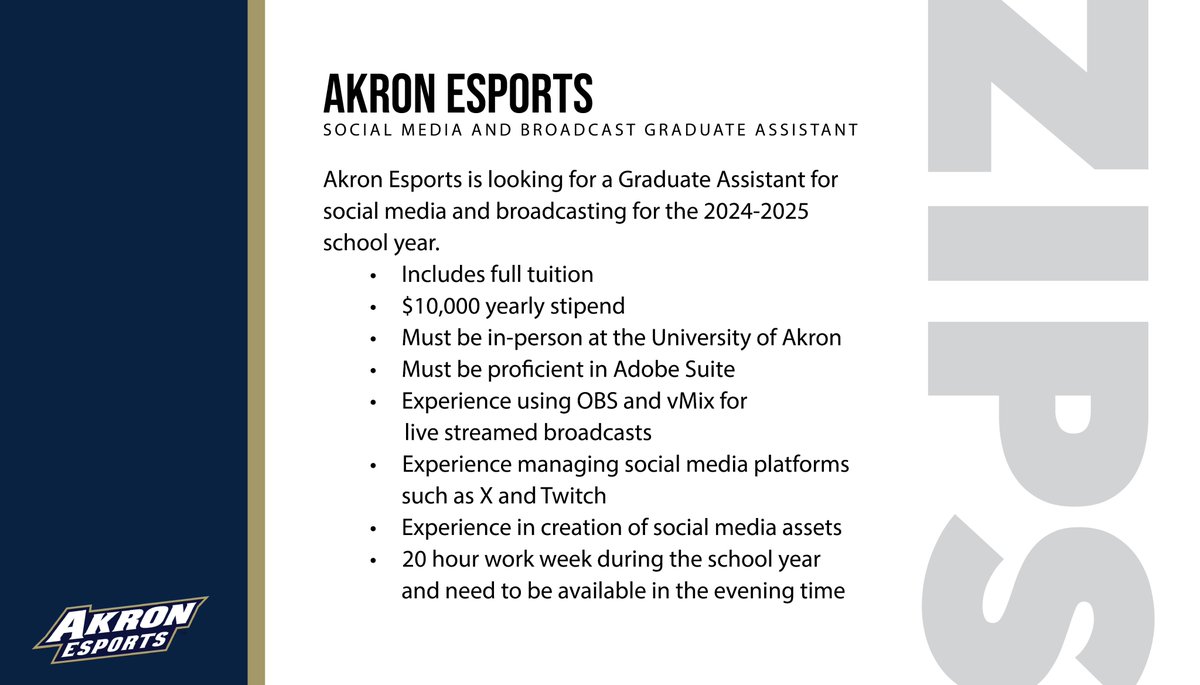 Akron Esports is looking for a Social Media and Broadcasting Graduate Assistant for the upcoming 2024-2025 school year! We are looking for a college graduate who wants to continue their education while gaining more experience in collegiate esports! Application below⬇️