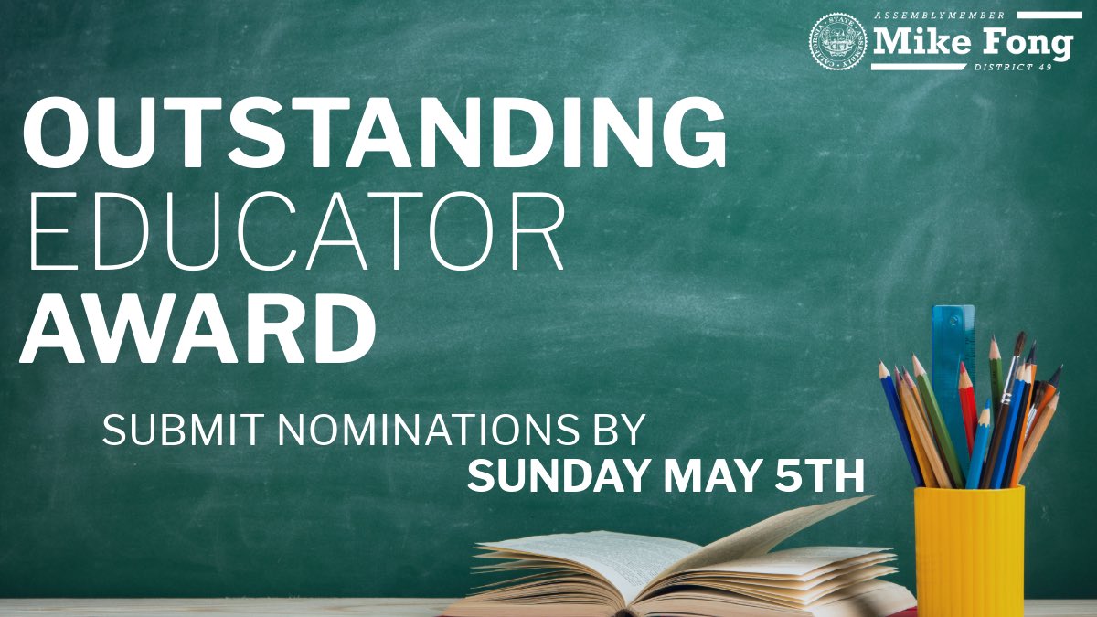 May marks the beginning of Teacher Appreciation Month!

Let us celebrate all the amazing teachers and thank them for everything that they do!

Nominate a teacher in #AD49 for my Outstanding Educator Award through the link in my bio!