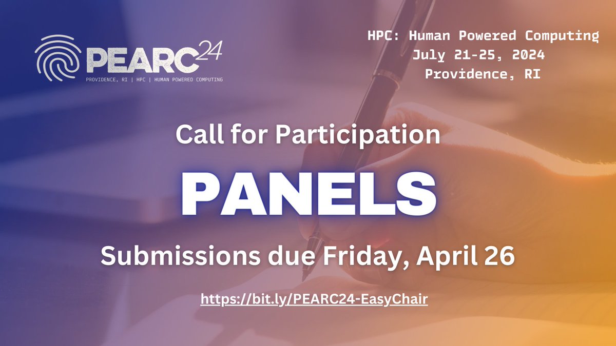 Interested in hosting a #panel on a specific topic in #researchcomputing at #PEARC24? Accepted panels will be included in the technical sessions. Panel submissions are due this Friday, April 26: bit.ly/PEARC24-CFP

#computing #networking #cloudcomputing #bigdata #HPC