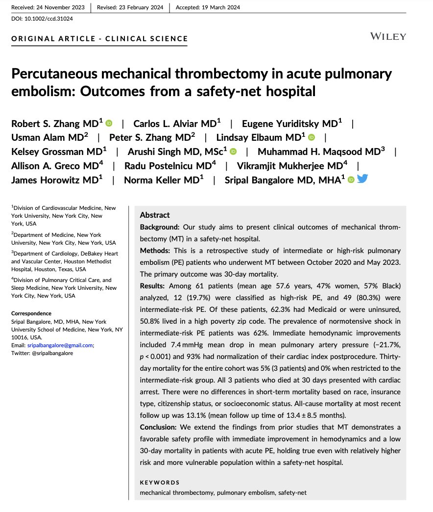 A multidisciplinary team from @nyulangone @BellevueHosp discusses Percutaneous mechanical thrombectomy in acute #pulmonaryembolism: Outcomes from a safety-net hospital in @ccijournal

🔓 bit.ly/49yaAVA
#PERT #VTE #PCCM #CriticalCare #Cardiology #Meded