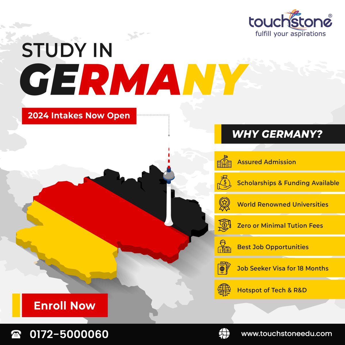 Dream of being a global citizen with top education? 🎓✈️ Germany calls! With Touchstone Educationals, your study journey in Germany is seamless and exciting. 🏰📚 Explore historic universities and cutting-edge research with us. 
#StudyinGermany #germanyintake #scholarships