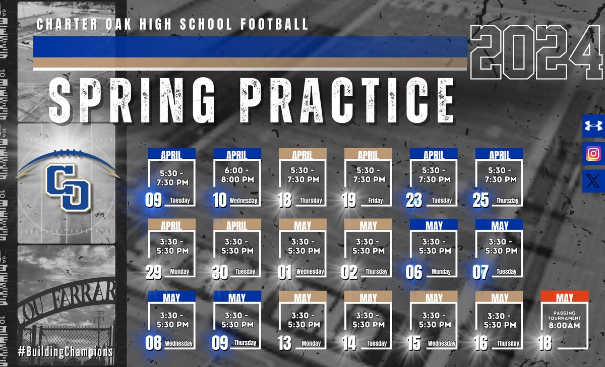 We’ve had a great first two weeks of Spring Football! Here is the remainder of our 2024 Spring Practice Calendar that coincides with the NCAA recruiting window. Looking forward to colleges continuing to visit with our student-athletes! #BuildingChampions