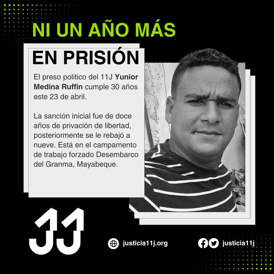 Gracias siempre familia de @justicia11j por todo lo que hacen por nuestros #PresosDeCastro 🇨🇺🙏🏻💜🇨🇺

@justicia11j ✍️🏻 Hoy cumple años Yunior Medina Ruffin, preso del 11J.

📌Con la iniciativa #NiUnAñoMásEnPrisión exponemos casos de personas privadas de libertad por razones…