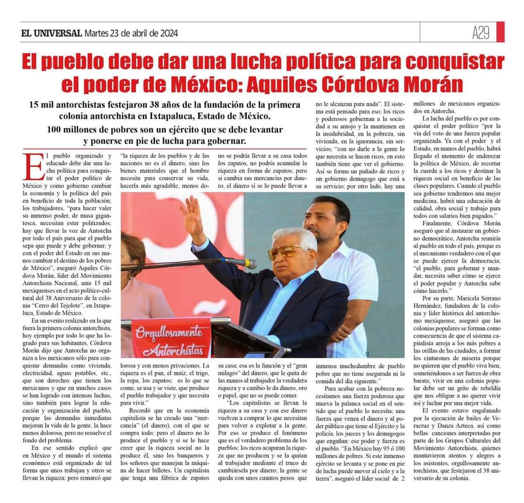 #AntorchaEnMedios | Hoy en el diario @El_Universal_Mx 15 mil #Antorchistas festejaron 38 años de la fundación de la primera colonia antorchista en Ixtapaluca, Estado de México. #100MillonesDePobres son un ejército que se debe levantar y ponerse en pie de lucha para gobernar.