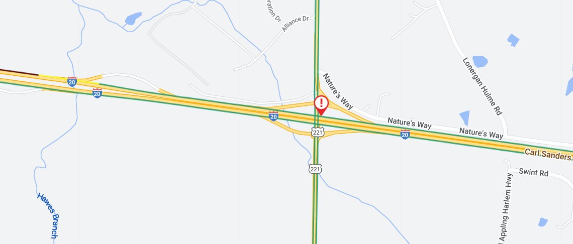 COLUMBIA CO. - Left lane blocked on I-20 W at SR 47/US 221/Appling Harlem Road (mm 183) due to a crash. Use caution. #ColumbiaCounty Est. clear time: Check 511ga.org for updates: 511ga.org/EventDetails/I…