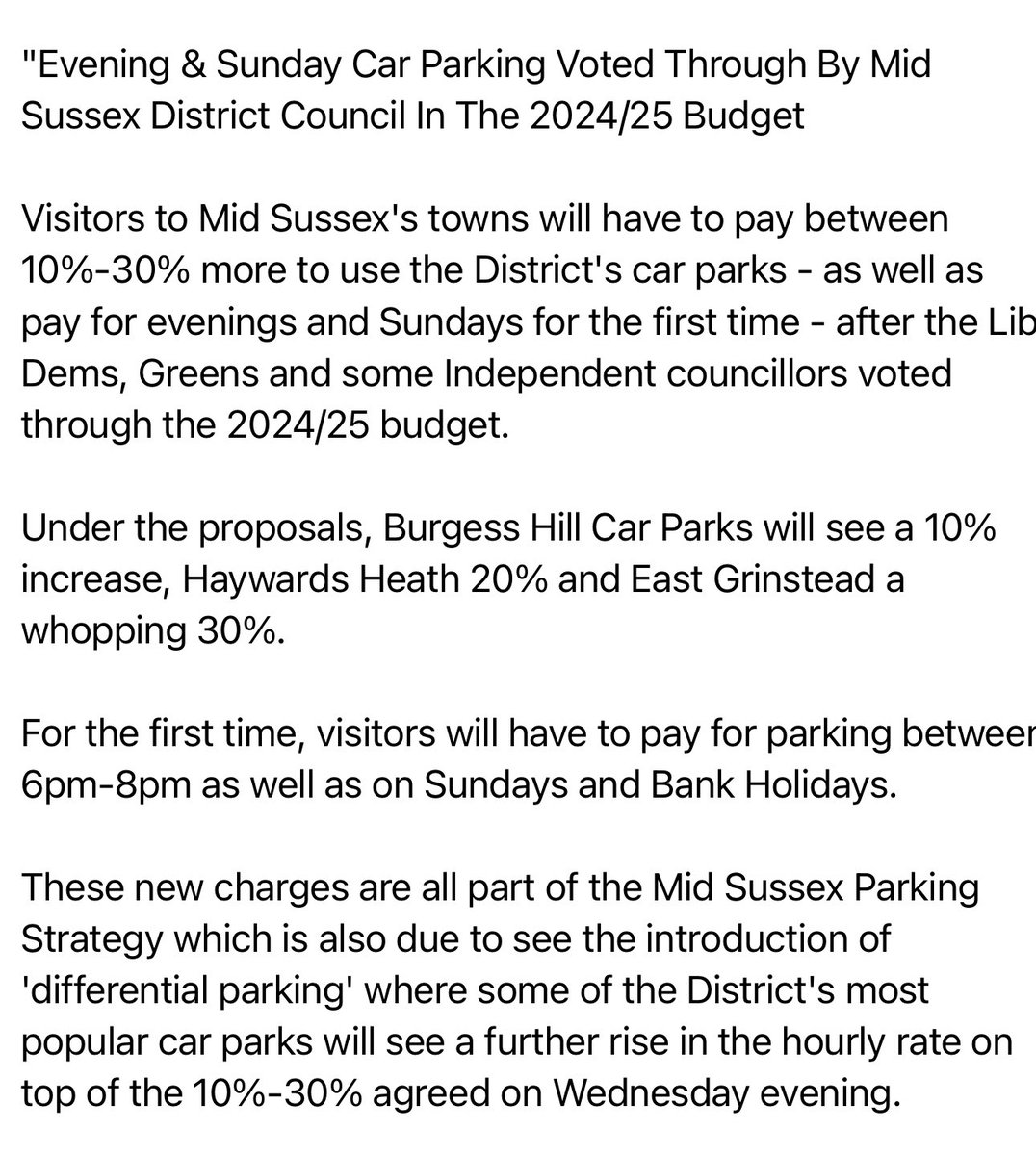 Coming to a town near you? Seems @LibDems and @TheGreenParty are trying to make it harder for shops to survive. Visitors to Mid Sussex's towns will have to pay between 10%-30% more to use the District's car parks - as well as pay for evenings and Sundays. #MidSussex @AboutEG