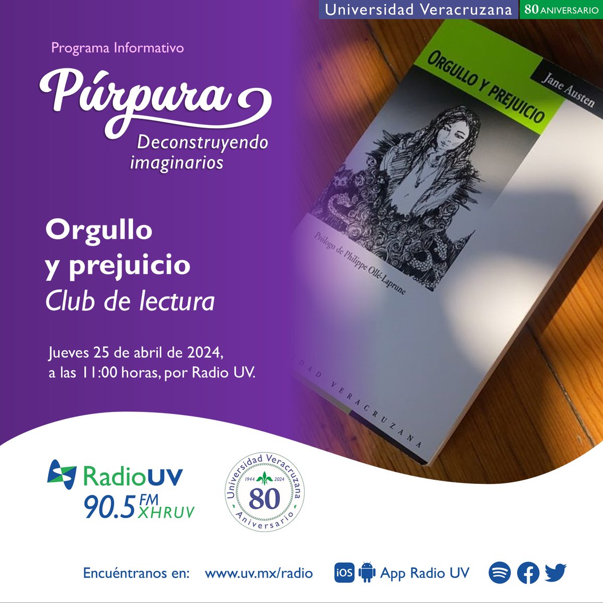 En el marco del Día Internacional del Libro, la @EditorialUV y #Púrpura de Radio UV, se unen en un club de lectura para reflexionar y compartir opiniones sobre la obra: Orgullo y prejuicio. 📖 👉🏻Nos escuchamos el 25 de abril | 11:00 horas | 90.5 FM