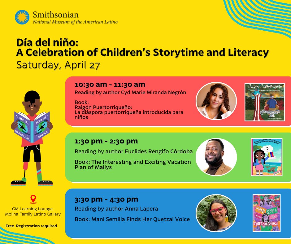 Join us on Saturday, April 27, to celebrate our first-ever Día del Niño: A Celebration of Children's Storytime and Literacy event. Enjoy a day of storytimes with local Latino authors in our gallery at @amhistorymuseum. Registration required: latino.si.edu/events