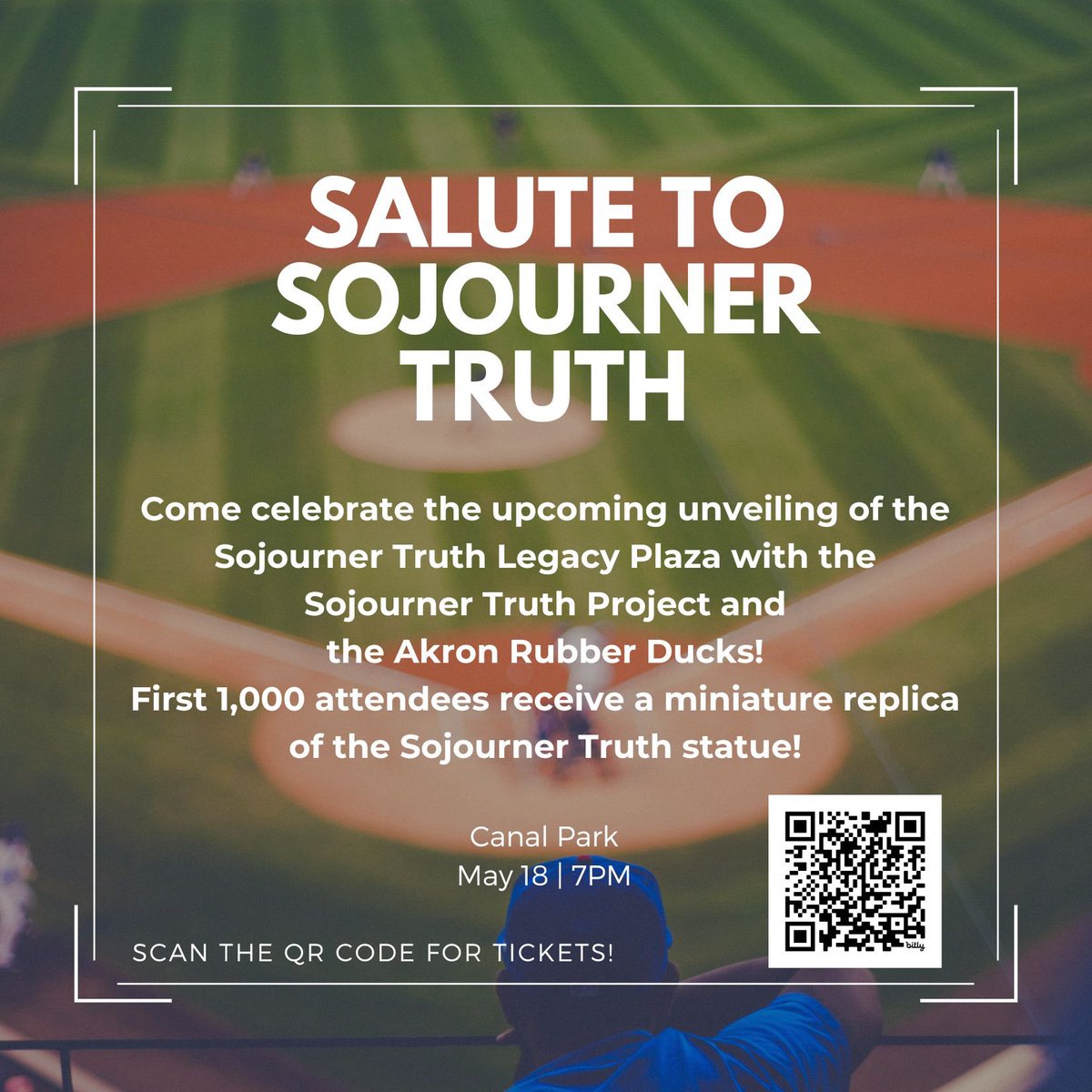 🚨⚾️Get your tickets now! ⚾️🚨 You do not want to miss the kick off to our Sojourner Truth Legacy Plaza celebrations!!! Get your tickets for Akron Rubber Ducks “Salute to Sojourner Truth Night” at the ballpark on Saturday, May 18th!