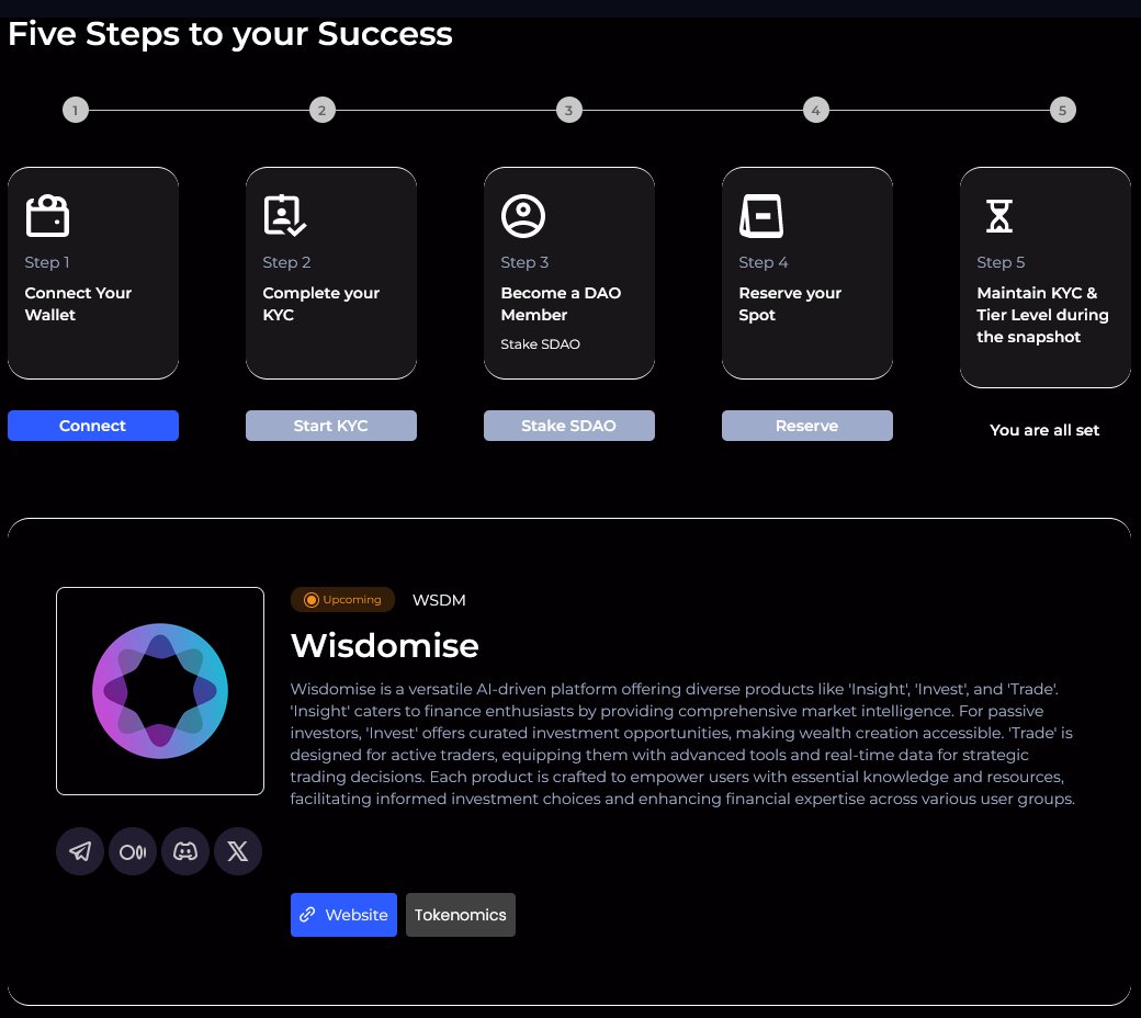 Wisdomise - Launchpad spot Reserve OPEN 🚨 SingularityDAO's $WSDM @wisdomise Launchpad is now OPEN for reservation spots! Here's what you need to do: ✅ Head over to our website NOW! ✅ Complete your KYC and become a member ✅ Click the 'Reserve Spot' button Reserve now👇…