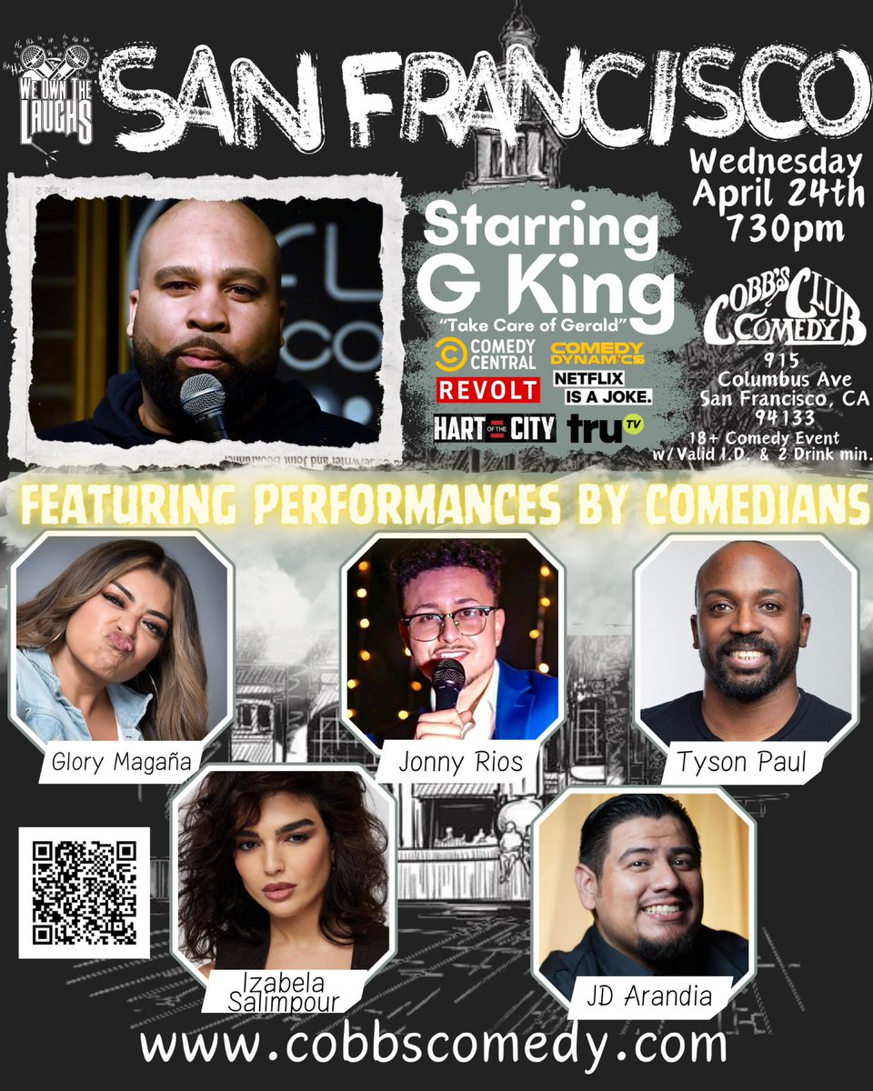 A ⭐️⭐️⭐️⭐️⭐️ NIGHT OF COMEDY AWAITS YOU! @WeOwnTheLaughs returns to @CobbsComedyClub starring @gkingcomic Wednesday April 24th 730pm

🎟️ cobbscomedy.com//EventDetail?t…

🔥 @SFGate @Thrillist @LiveNationCmdy @DoTheBay @LondonBreed @sfchronicle @SFist