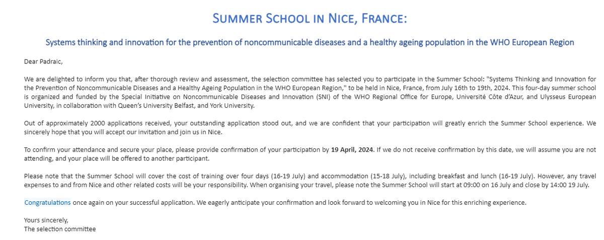 Truly honored to have been one of thirty lucky academics from 2,000 applications selected by the World Health Organization to attend their upcoming 4 day summer school in Nice! 🇫🇷✅💪 Special Initiative on NCD's and Innovation! @AlliedHealthUL @PessLimerick @UL