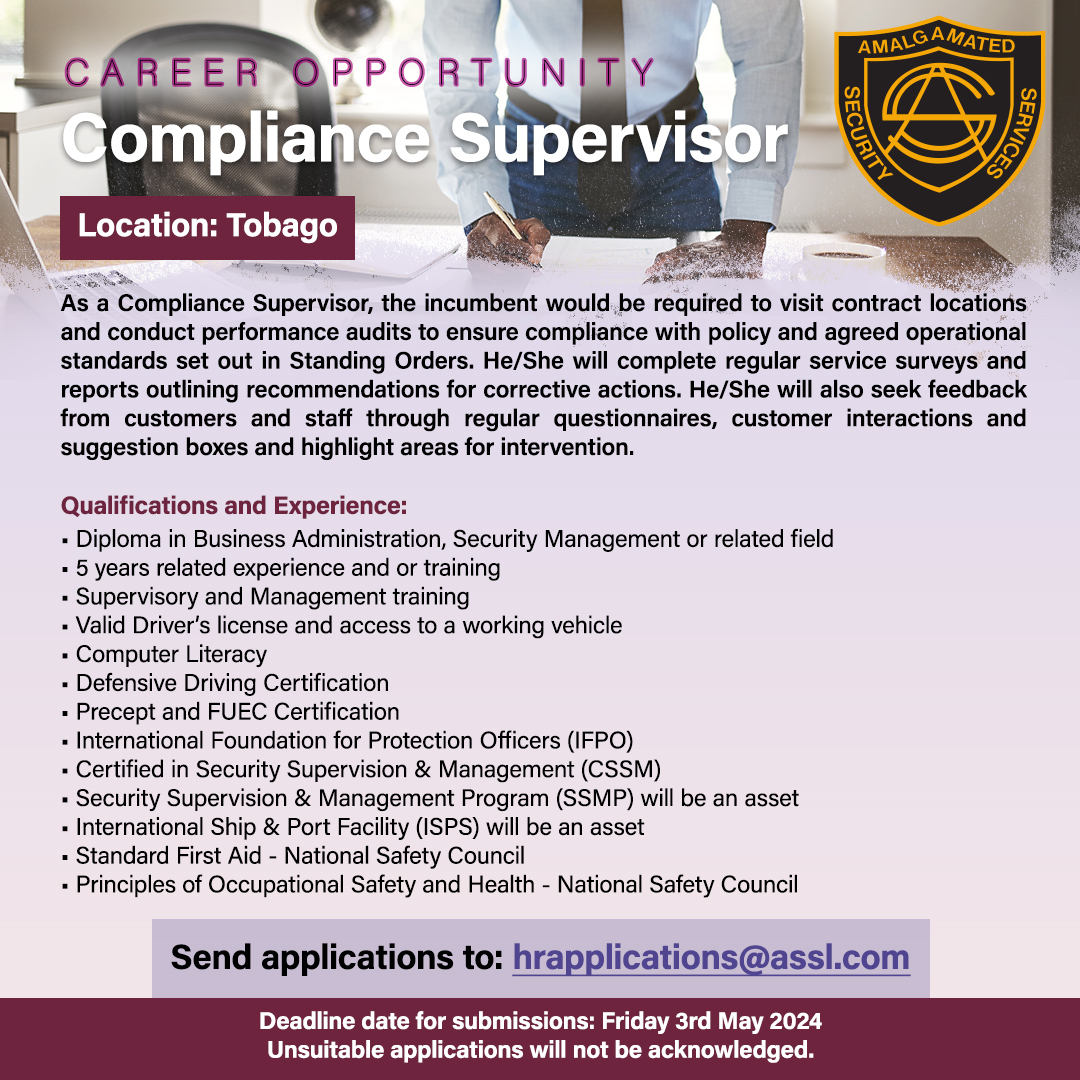 🌟 Join Our Team as a Compliance Supervisor in Tobago! 

#ComplianceSupervisor #JobOpening #JoinOurTeam #Tobago