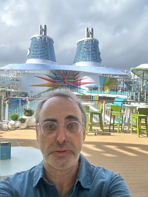 Shteyngart's tweet photo. Since my disastrous journey on the world's biggest cruise ship for @TheAtlantic the literary community has come together to help me heal. As a reward, on the sub that stacks (link in bio) I give you more photos and whiny commentary, including a peek inside my shitty cabin! https://t.co/xR8rK9COUR