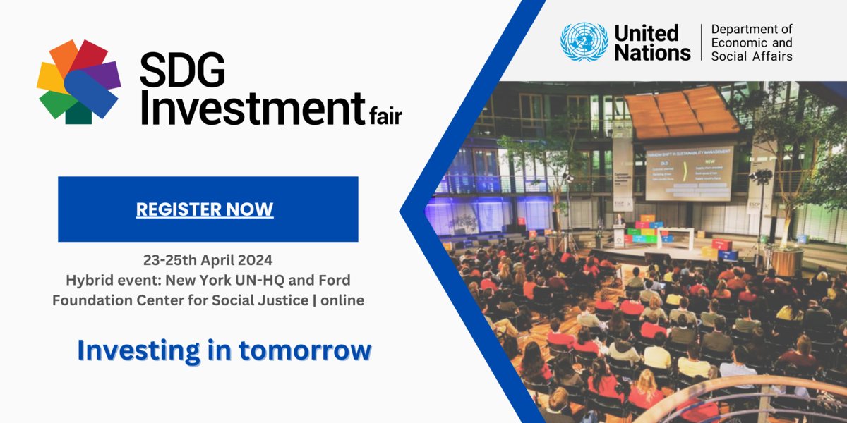With a focus on emerging and frontier markets, the SDG Investment Fair showcases sustainable investment opportunities in:

🌱 Clean Energy
🚗 Transportation
🚚 Logistics
🏗️ Social Infrastructure

Tune in for #FinancingOurFuture on 23-25 April: financing.desa.un.org/sdgifair