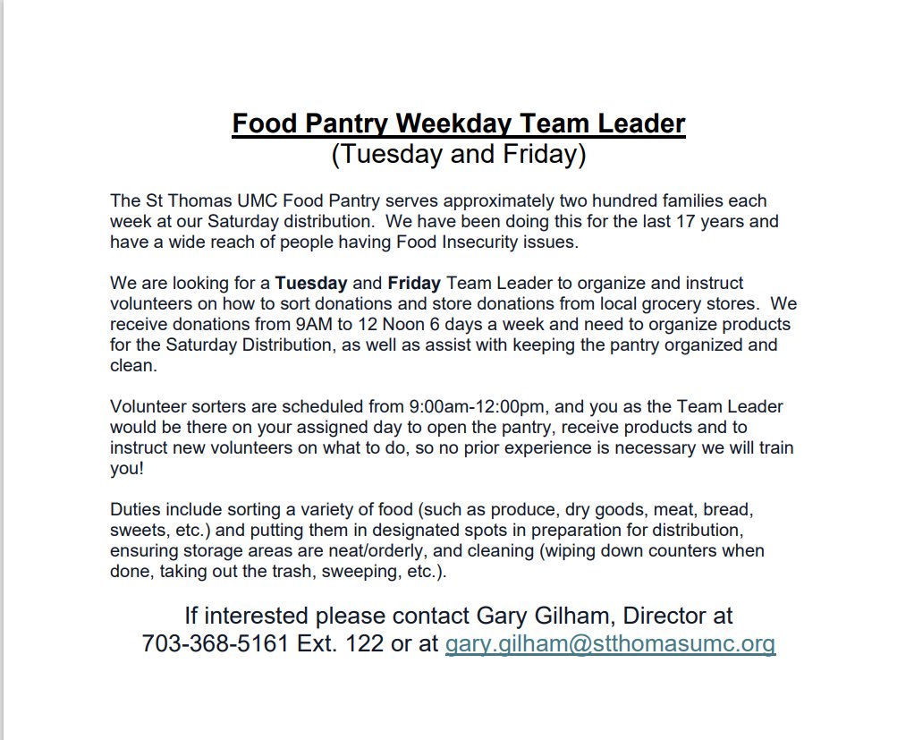 St. Thomas UMC Food Pantry in Manassas needs a Team Leader Tuesdays & Fridays. Training provided; no experience necessary! View the graphic below, email gary.gilham@stthomasumc.org for more information. #FoodPantry #FightHunger