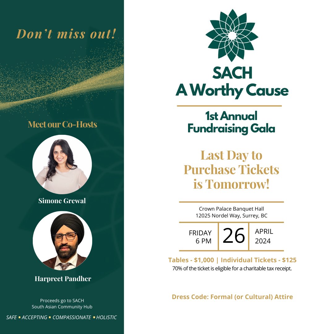 SACH A Worthy Cause is just around the corner! Tomorrow is your last chance to grab tickets and join us in making this event truly spectacular. Your support means the world to us as we work towards our cause. Let's make a difference together! eventbrite.ca/e/sach-a-worth…