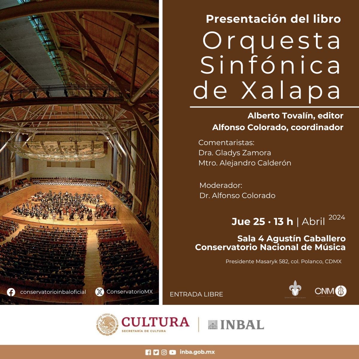 Compartimos la invitación para asistir a la presentación del libro Orquesta Sinfónica de Xalapa @OSXUV 📅 Jueves 25 de abril ⌚️ 13:00 horas 🏦 Conservatorio Nacional de Música 📍 Masaryk 582, Polanco #CDMX #EditorialUV @ConservatorioMX