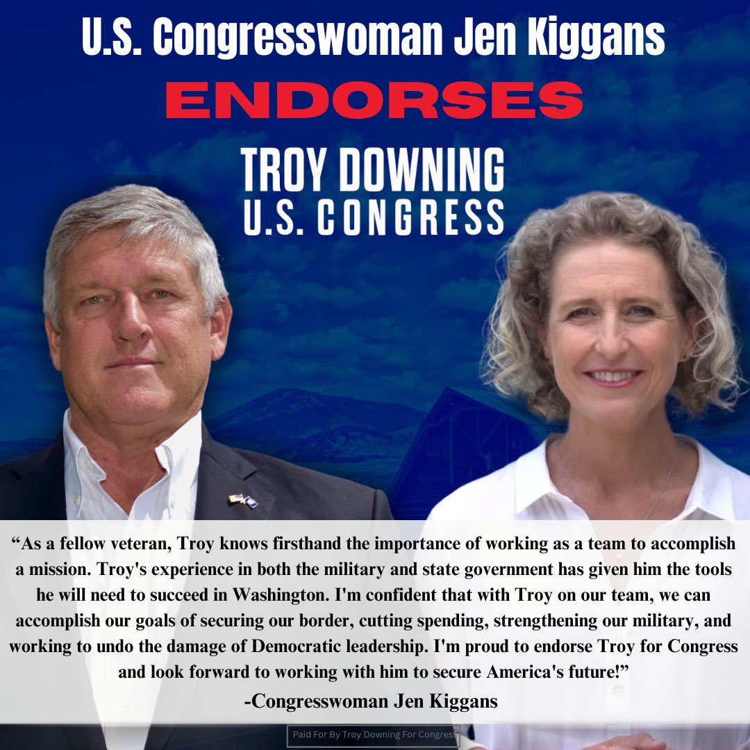 What an honor to be endorsed by a conservative champion and veteran. Because of the service of leaders like Congresswoman Kiggans, I know we can get our country back on track. I look forward to fighting every day to defend our nation, secure our border, and protect America!