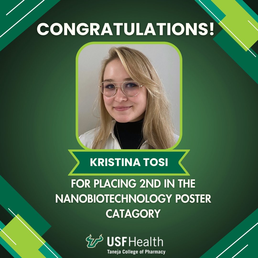 Proud to announce that, Kristina Tosi, one of our MSPN students, was awarded 2nd place in the Nanobiotechnology category at NanoFlorida 2024 for her research poster. Her hard work and dedication to research are commendable!
