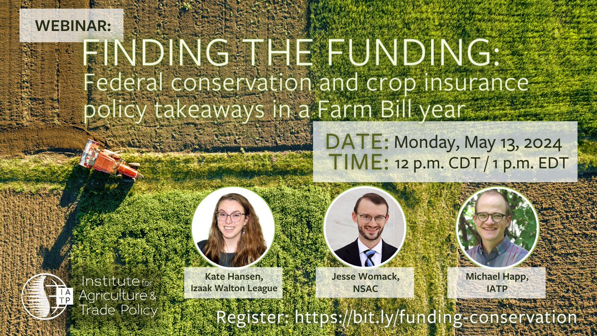 After many delays, the House agriculture committee is expected to release a draft #FarmBill text by the end of this month. Join us for a #webinar on May 13 to learn what’s at stake for sustainability & conservation funding as the 2024 Farm Bill progresses. iatp.org/event/finding-…