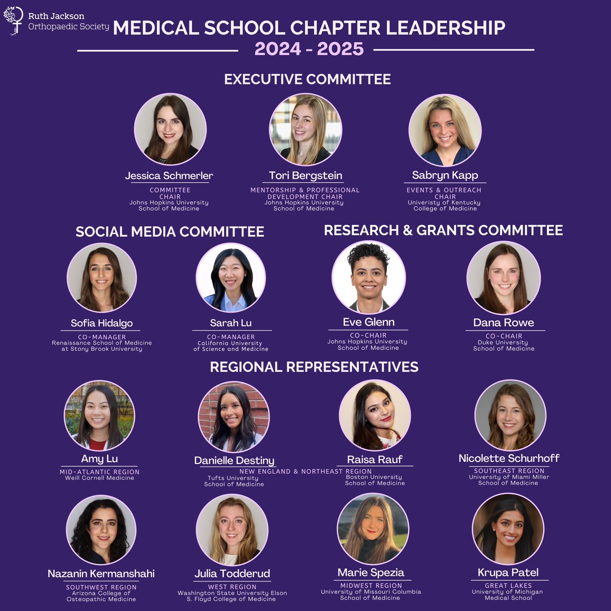 Introducing the @RJOSociety Medical Student Chapter Leadership of 2024-2025! 💜🦴🛠️

Stay tuned for news on upcoming national events and opportunitities to hear from and connect with female medical students, residents and faculty from all across the country! ✨

#orthotwitter