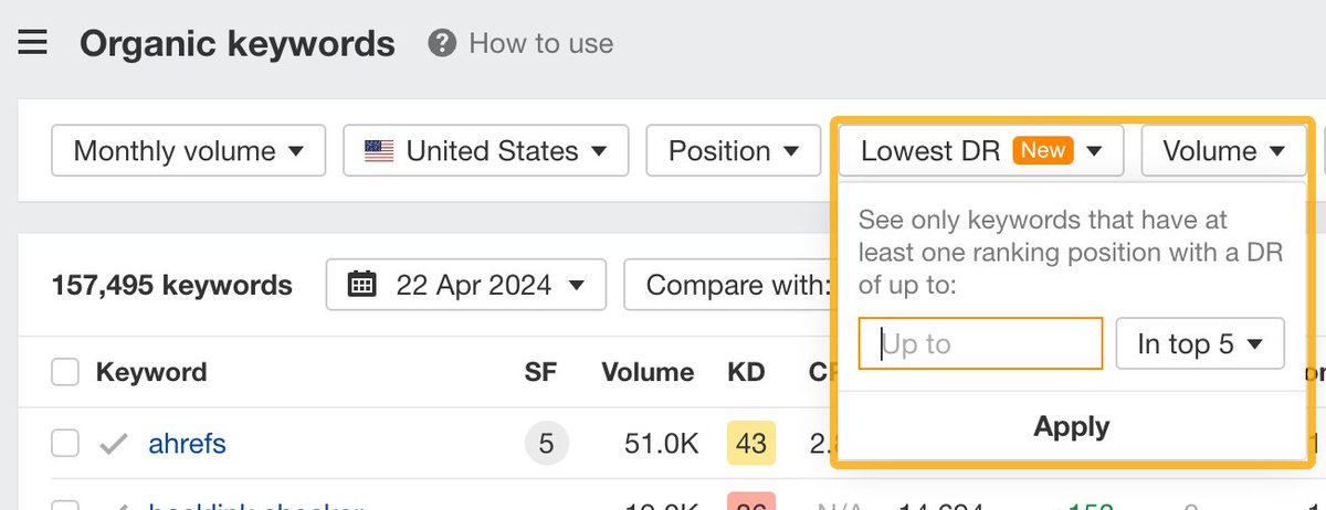 NEW: “Lowest DR” in Organic keywords 🔑 Filter through high-difficulty keywords where a 'weak' website ranks at the top. This should make it easier to spot opportunities where you can rank with a low-DR website.