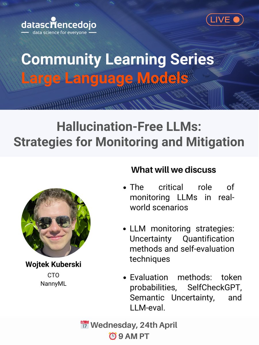 ❌ Unmonitored #LLMs? 🔍 Join Wojtek Kuberski tomorrow to explore live LLM monitoring: hubs.la/Q02tm1jm0 Discover solutions for detecting #hallucinations and state-of-the-art #algorithms like SelfCheckGPT and LLM-eval. #AI #MachineLearning #DataScience