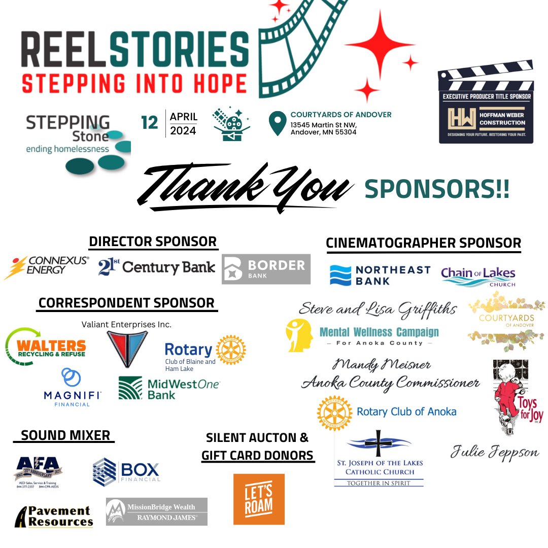 Thank you, once again, to our amazing Reel Stories sponsors! We can't do the impactful work we do to end homelessness without your support! Special thanks to our Title Sponsor, Hoffman Weber Construction! #reelstories #endhomelessness #grateful