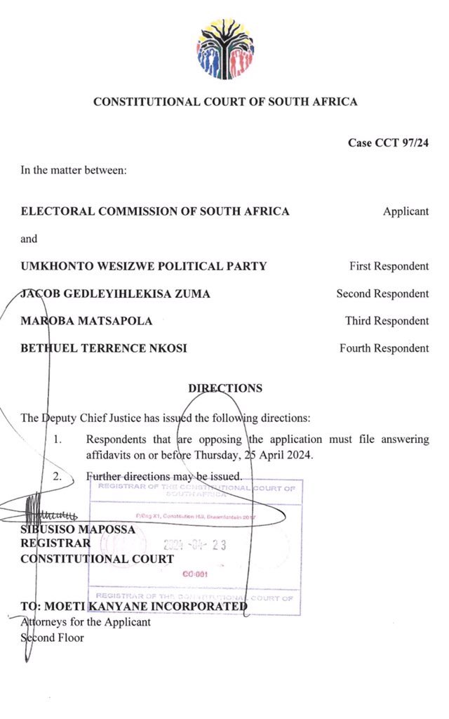 MoyaProf's tweet photo. Breaking: the last kick of a dying horse is once again showing itself, the ANC has activated their “last hope card”. They now asked Zondo to help stop MK party tsunami. 

It has now become a reality comedy show , Zondo who authorized the illegal arrest of Zuma without a chargesheet will now seat in a court case that  he is conflicted on… Will Zondo who has worshipped the current government rescue himself? 

Zondo is said to be biased by many 
ethical leaders like Matshela Koko, Brian Molefe, Honorable Arthur Frazer, Lucky Montana and many others. To showcase his powers, Zondo has declared that he’s untouchable and cannot be sued as he is a judge….we are witnessing the abuse of the constitution right before our naked eyes . 

The useless fake communists of SACP drunkards has also asked to join the courts to support the ANC, they are all panicking. They realize that the time for looting is limited, President  Jacob Zuma will stop State capture to rescue South Africa. 

We remain wide awake, cognizant of the words of the late comrade Jessy Duarte, may she continue to rest in peace. Rest assured: The tactician chess-master is ahead of time, with predictive calculations of the next move. The MK Party Tsunami is here to stay, no man can shut a door that God opened. 

💚🖤💚 #VoteMK2024