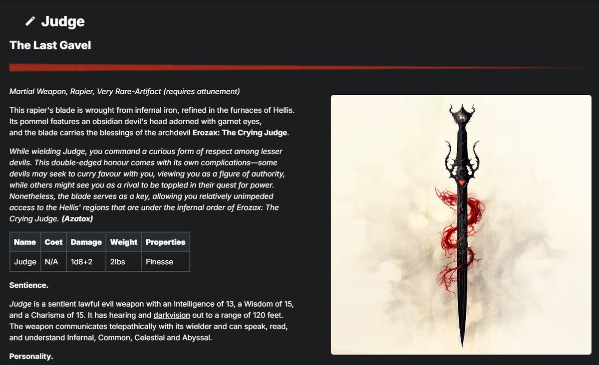 legendkeeperapp's tweet photo. Every story needs a cool sword! @DennisNick12 from our discord created Judge, an infernal iron wrought, archdevil blessed, cool sword. https://t.co/88eDaHLolM