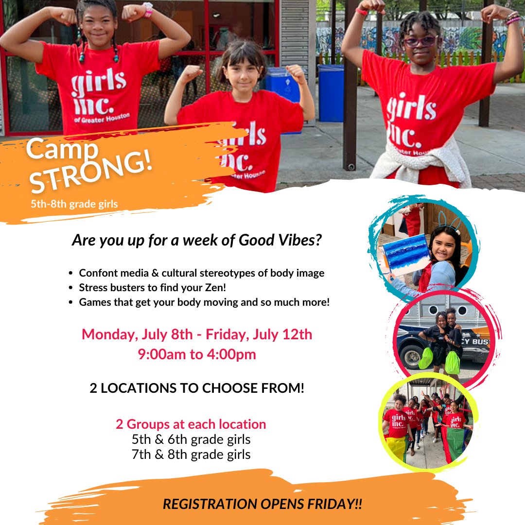 Camp STRONG! Calling all 5th -8th grade girls! Are you ready for an entire week of GOOD VIBES? Camp STRONG is the place for you. Get ready REGISTRATION OPENS THIS FRIDAY! #campstrong #strongsmartbold #summercamp #goodvibes #nutrition #health #games #stressmanagement #bodyimage