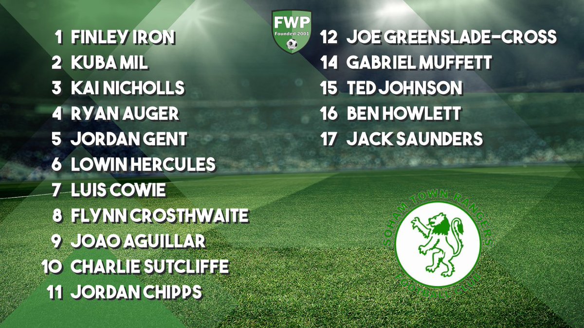 SOHAM TOWN RANGERS: Iron Mil Nicholls Auger Gent Hercules Cowie Crosthwaite Aguillar Sutcliffe Chipps; SUBS: Greenslade-Cross Muffett Johnson Howlett Saunders fwp.co/zMmTnH