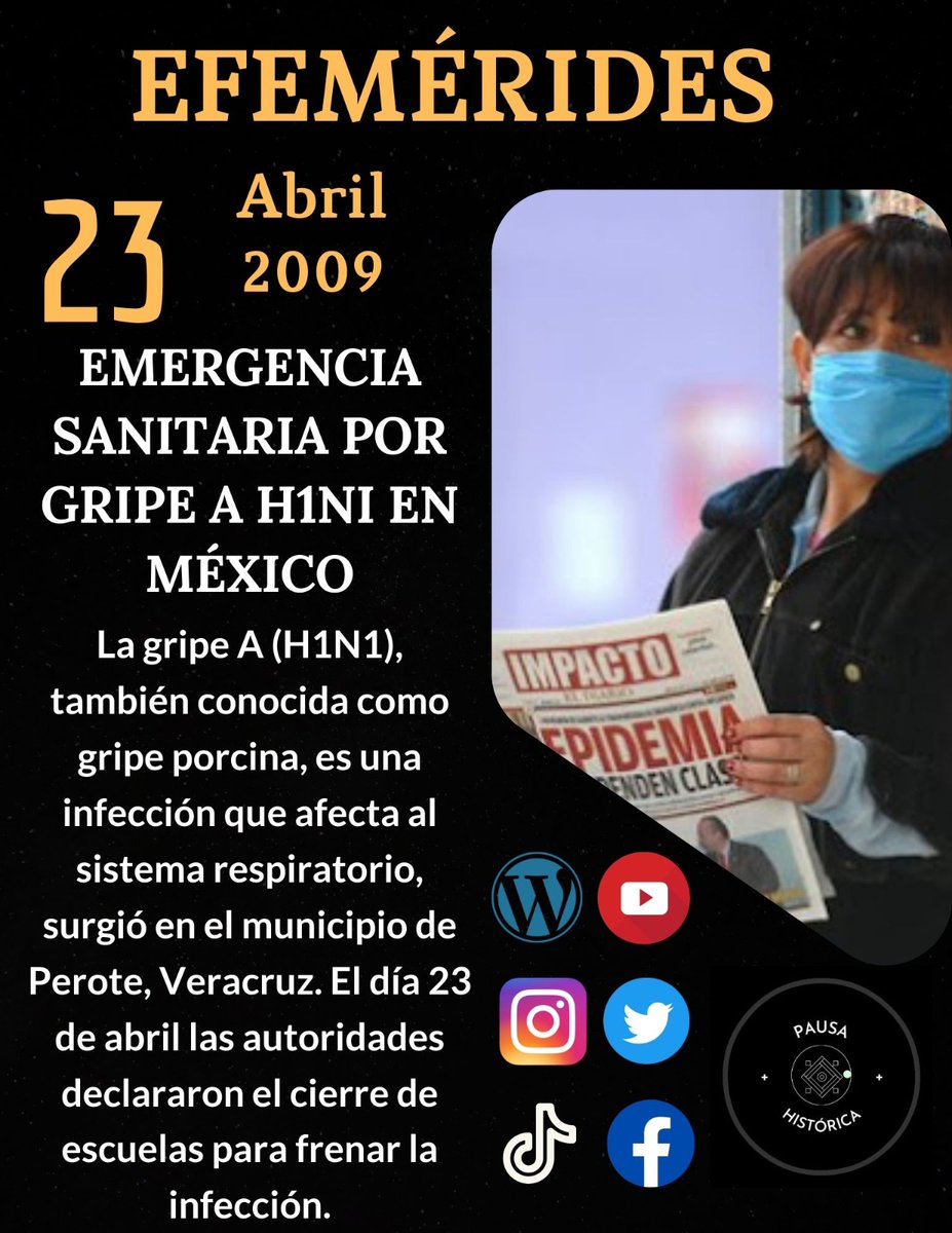 #FelizMartes #23Abril de 2009 se declaró la emergencia sanitaria por gripe AH1N1 en #Mexico también conocida como gripe porcina, infección que afecta el sistema respiratorio. #History #Historia